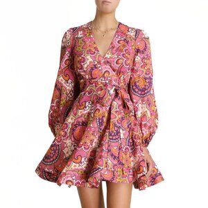 Zimmermann Fiesta Linen Wrap Paisley Print Wrap Dress in Pink & Purple